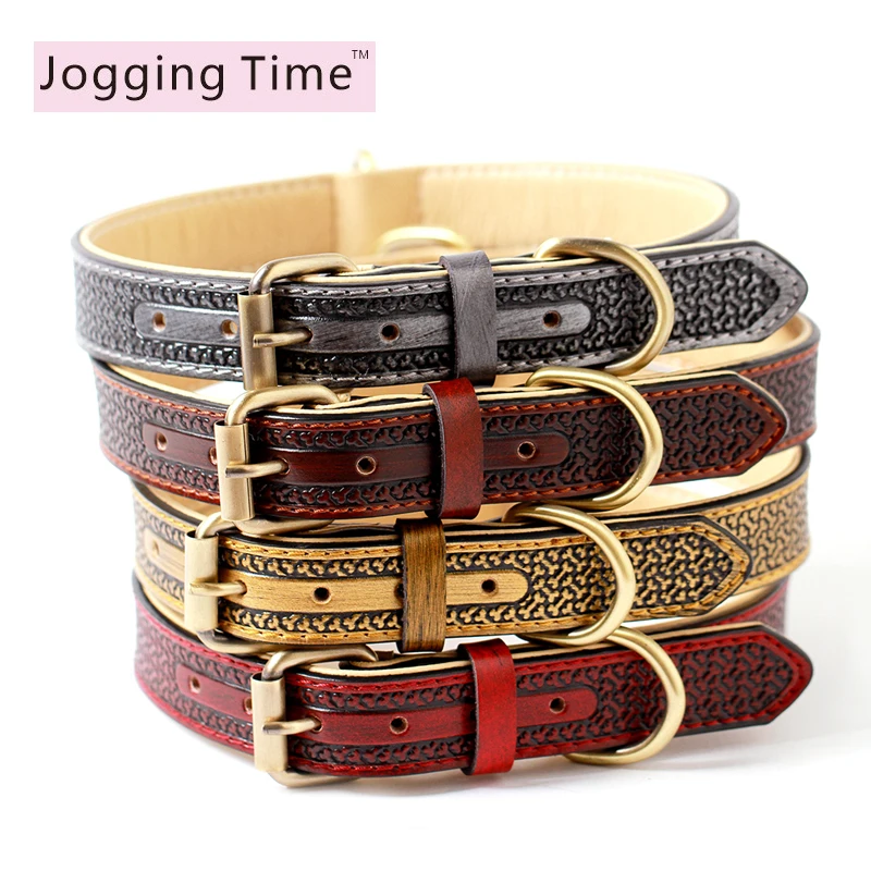 

High quality Leather Dog Collar Double D Ring Inner Padded Dogs Collar for Medium Large Pet Dog chain Red Coffee Gold Silver