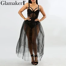 Glamaker, прозрачная сетчатая черная длинная юбка, летняя, расшитая бисером, сексуальная, высокая талия, юбка-пачка, для женщин, жемчужные, вечерние, Клубная, макси, фатиновая юбка