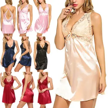 

Ladies Women V neck Satin Silk Nightdress Sleepwear Dress Nightie Gown Lace Backless Sleeveless Sleepshirt