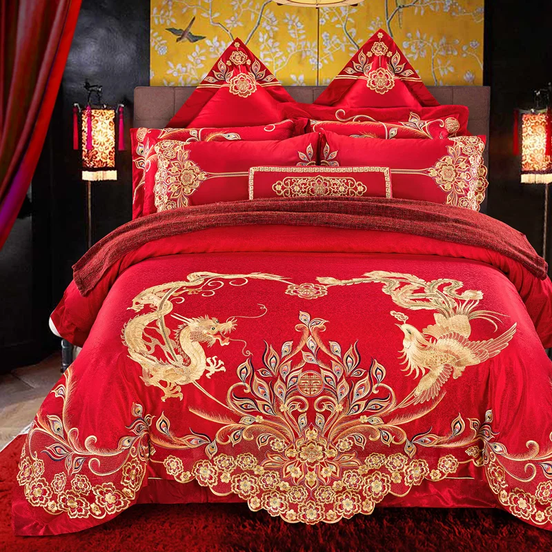 100 Cotton Luxury Golden Oriental Phoenix Dragon Embroidery Wedding Bedding Set Red Duvet Cover