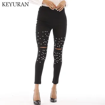 

Women High Stretch Beading Jeans Hole Elastic Skinny Jeans Woman Pencil Pants Embroidered Flares Black Ripped Jeans Female XL