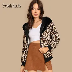 SweatyRocks Leopard искусственный мех на молнии Colorblock для женщин пальто с длинным рукавом Уличная капюшоном топы корректирующие 2018 осень зим