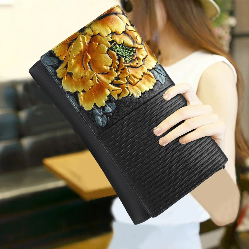 

Chinese Style Lady Clutch Purse Genuine Leather Top Leather Flower Pattern Vintage Envelope Bag Wallet Shoulder Messenger Bags