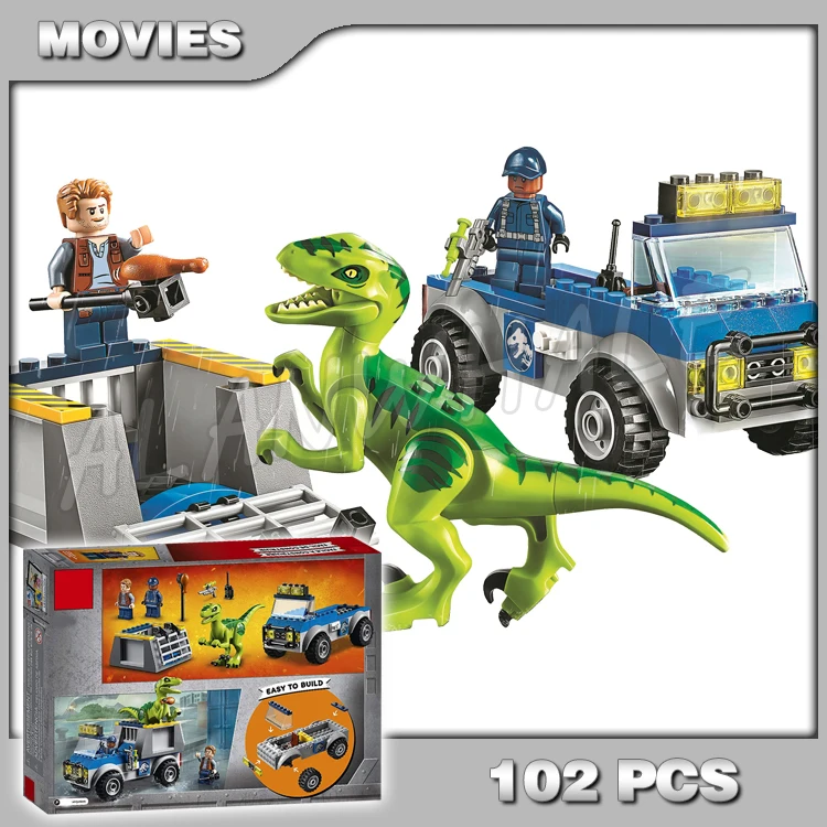 

102pcs Jurassic World Juniors Raptor Rescue Truck Cage Owen Model Building Blocks Dinosaur Toys Bricks Compatible with Lego