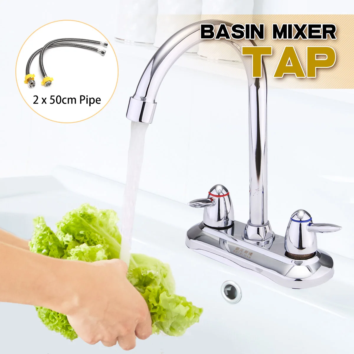 

Cold and Hot Water Bathroom Basin Faucet Mixer Tap Stainless Steel Chrome Double Handle Kitchen Faucet Deck Mount Water Taps