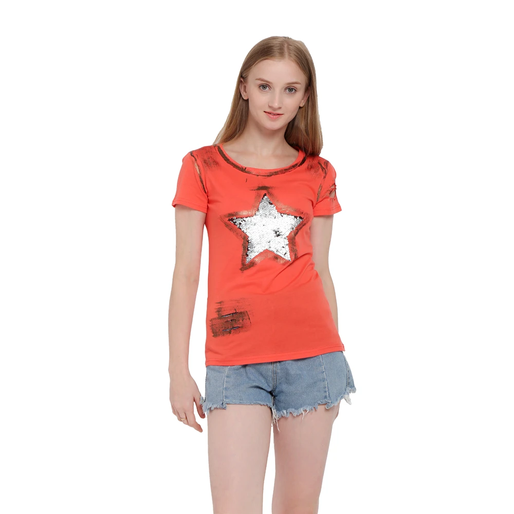 ILISMABA fashion t shirt women 2017 new short sleeve summer Large five-pointed star super flash holes pink summer shirt XL XXL