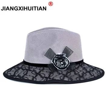 

2017 new Winter Cloche Mink hair jazz Hats Fedora Wide Brim Wool Felt Hat Elegant Black Lace Lady Wedding Bowler Caps Fedoras