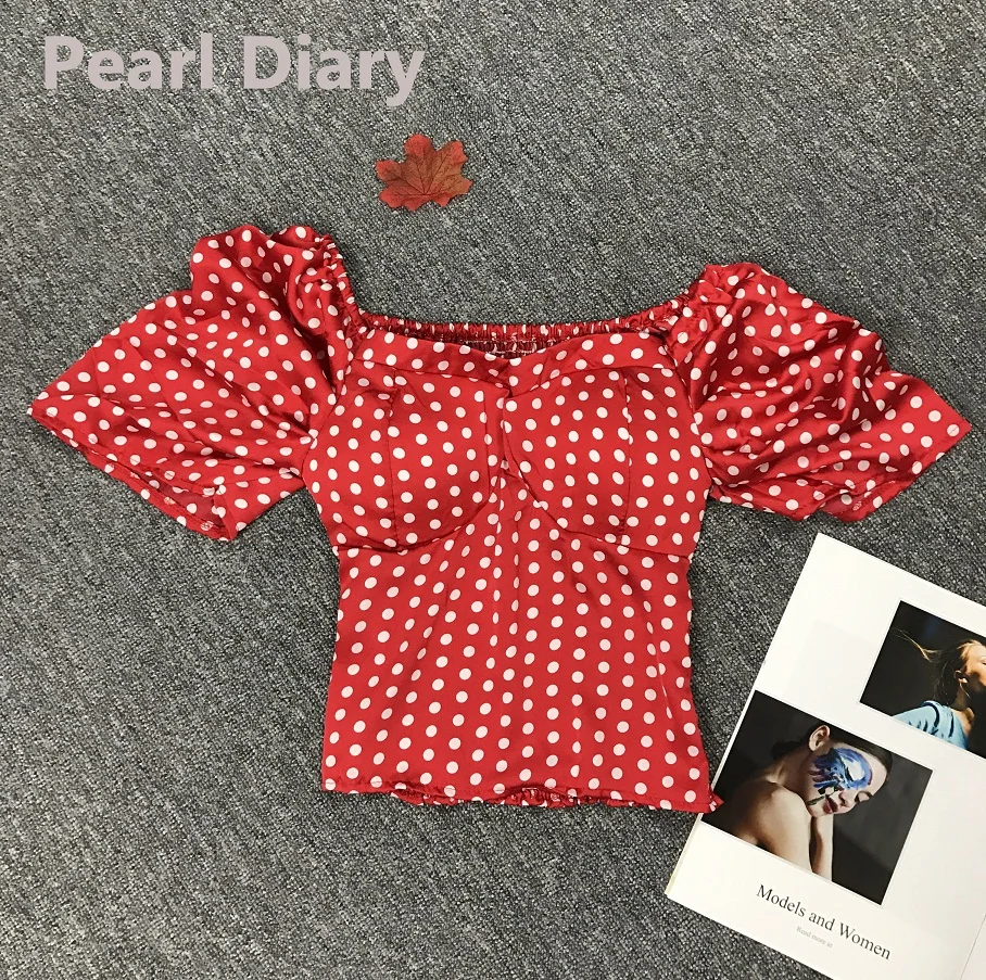 

PearlDiary 2019 vintage Sexy Club Women square Neck Tank dot pattern puff Sleeve button front Short Shirt Bra Tops Women
