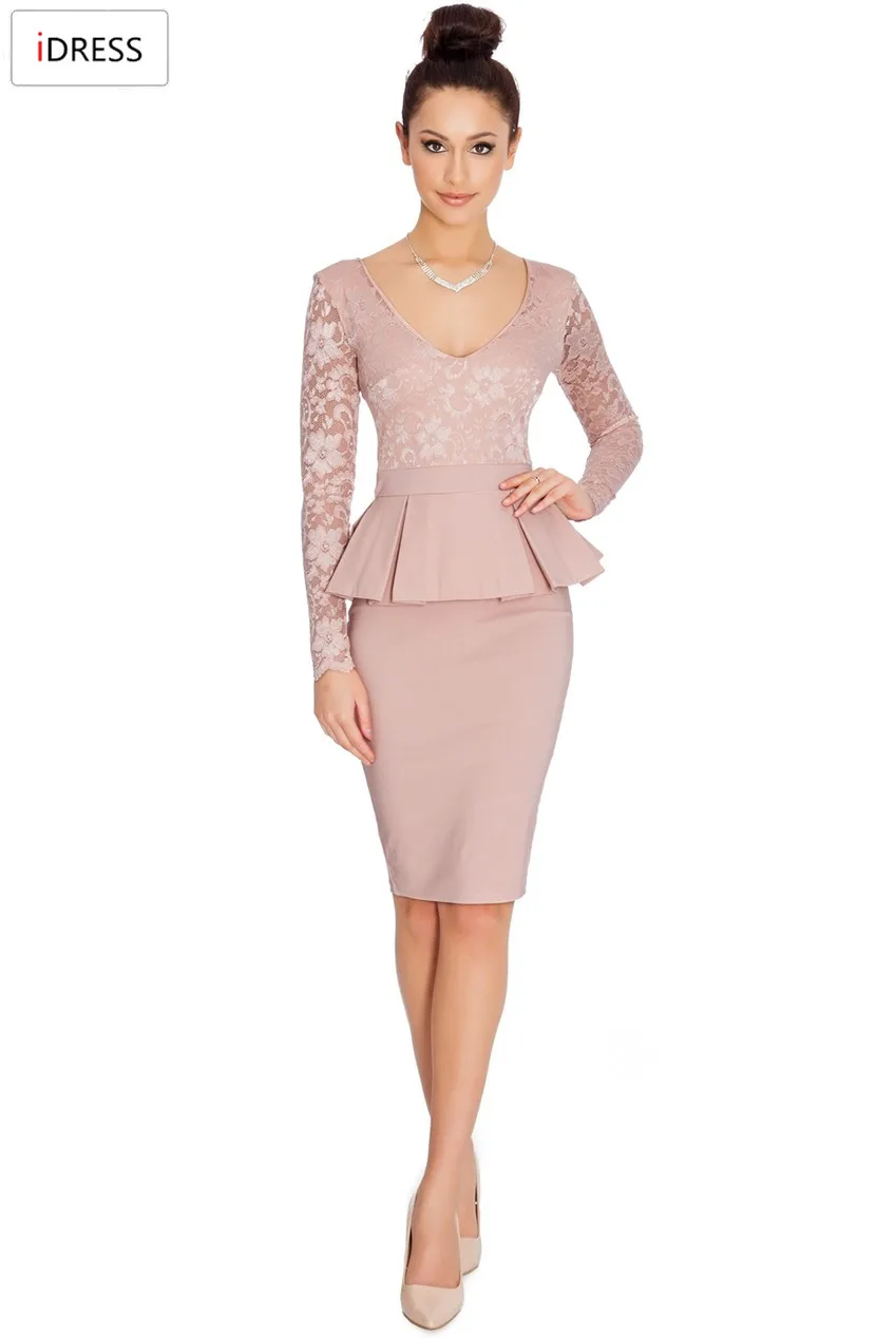 IDress Women Work Dresses 2016 New Fashion for the Office Sexy Elegant Long Sleeve Lace Knee Length Peplum Bodycon Office Dress (6)