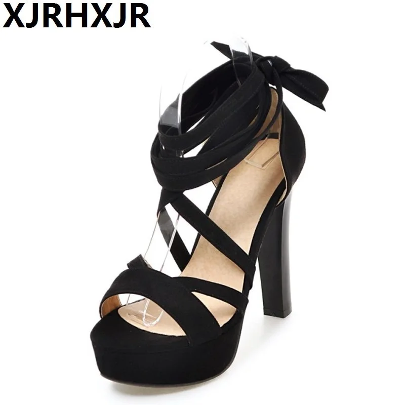 

XJRHXJR 2018 New Fashion Gladiator Sandals Women High Chunky Heel Sexy Open Toe Cross Strap Sandals Summer Boots Lace Up 32-43