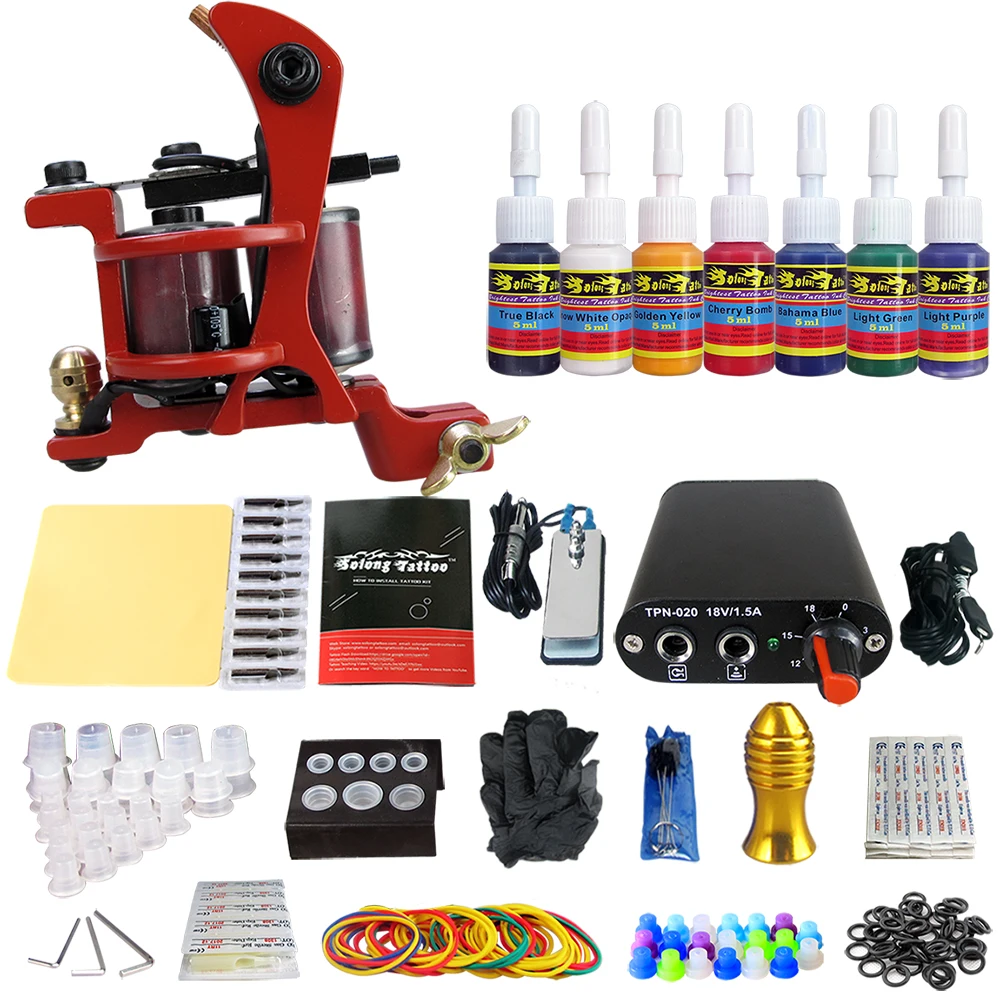 

Solong Tattoo Complete Beginner Tattoo Kit 1 machine Gun 7 Color Inks Power Supply Grips Foot Petal Needles Set TK105-66
