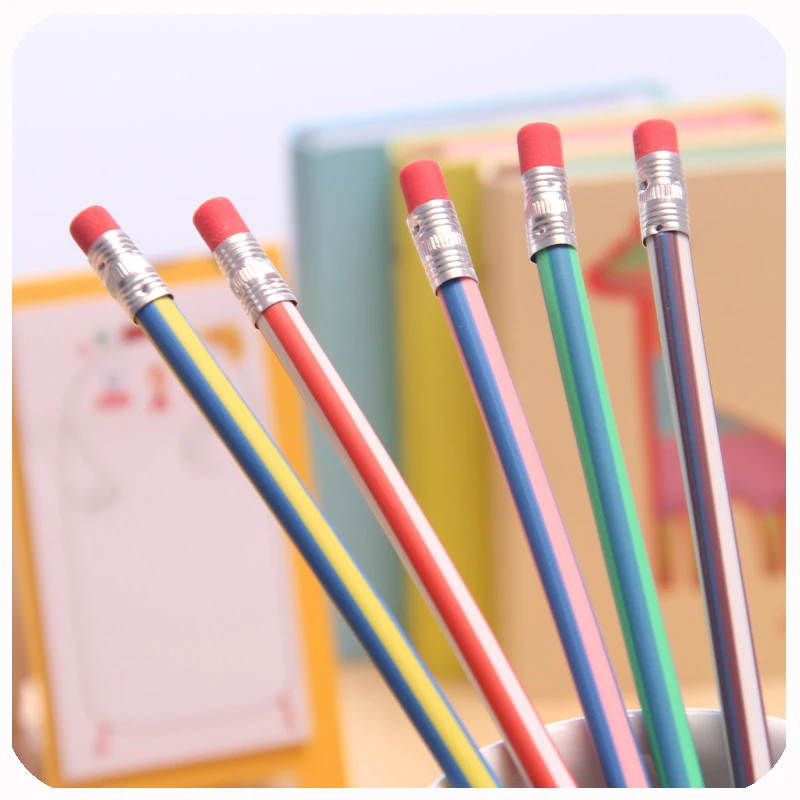 1 шт., Корейская Милая Канцелярия, цветной яркий мягкий гибкий Стандартный карандаш с ластиком, школьная Мода, офис