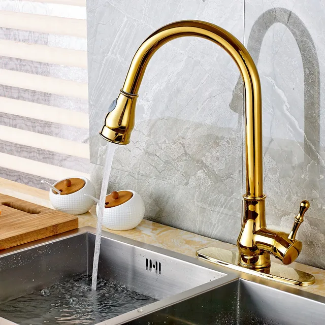 Best Price Uythner Modern Single Handle Golden Brass Kitchen Faucet Vessel Sink Mixer Tap Pull Out Sprayer Round Plate