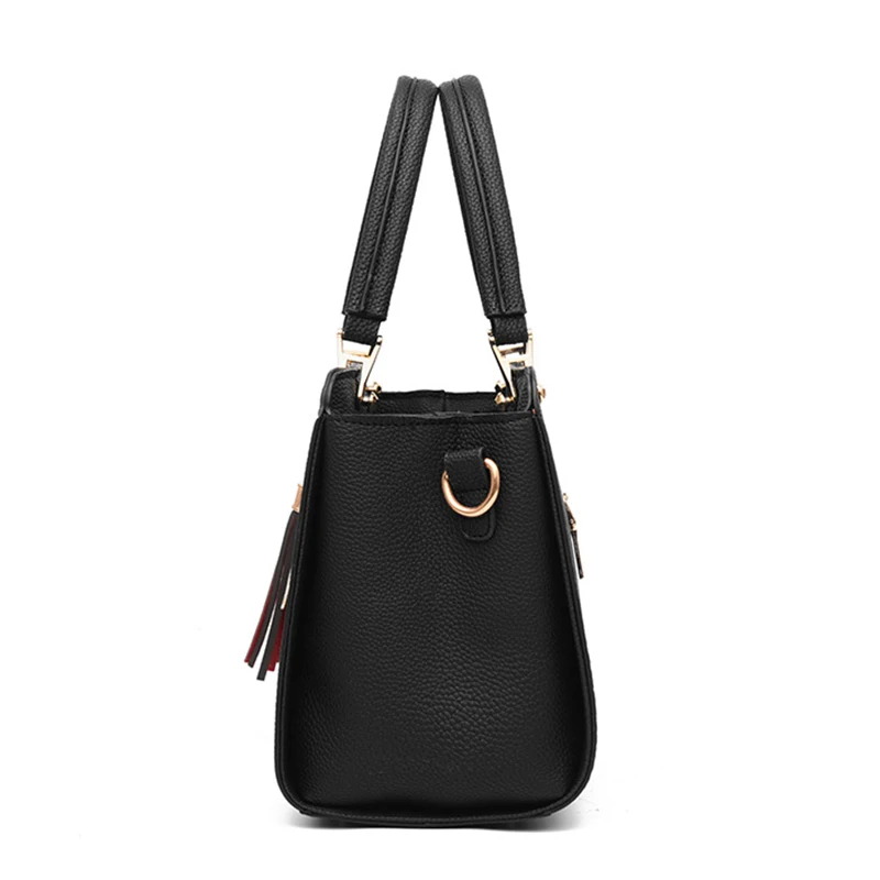 العاشق-الصيف النساء ضرب اللون حقائب يد جلدية عارضة حمل أكياس Crossbody حقيبة الأعلى مقبض حقيبة مع شرابة و القط قلادة (الأسود)