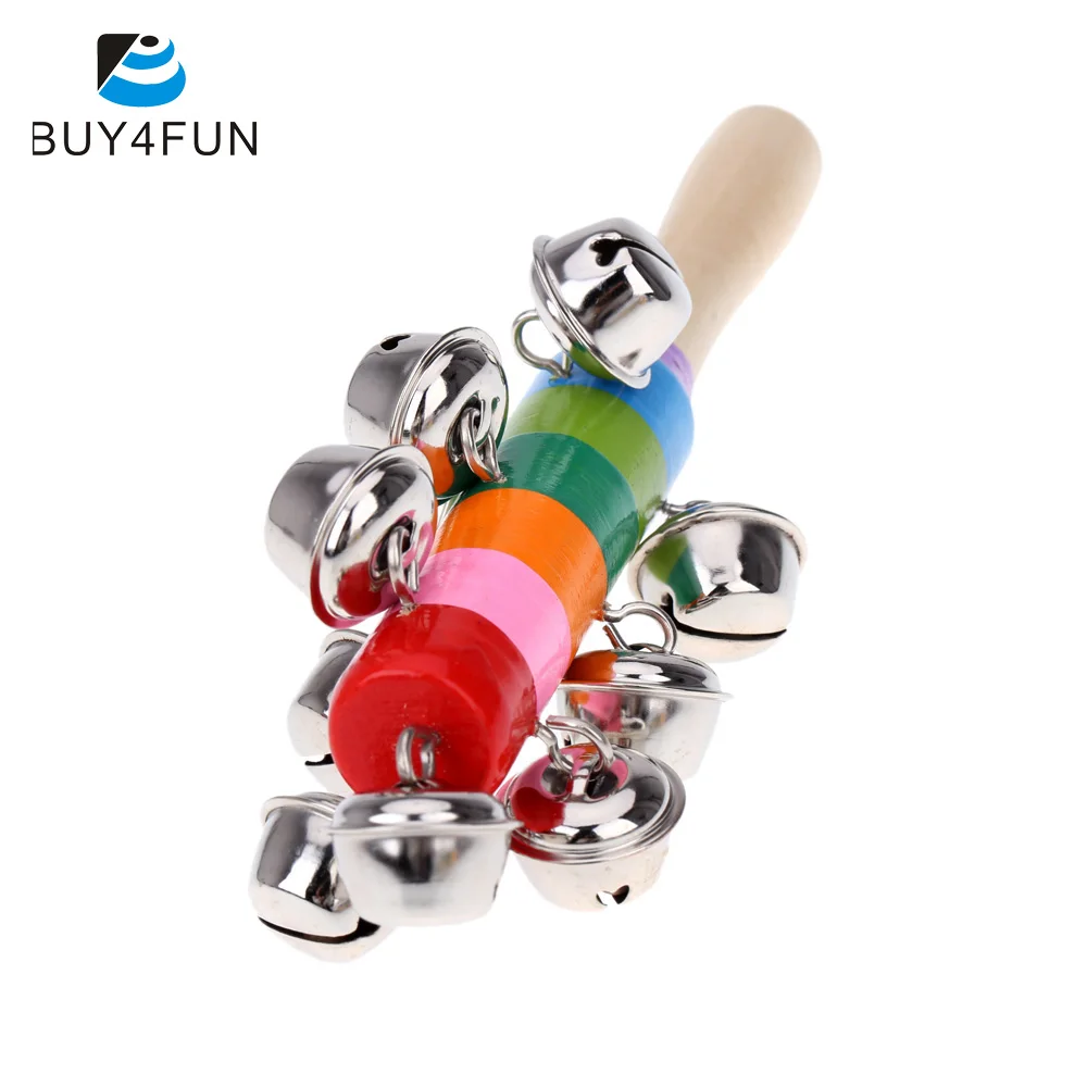 

Little Hand Held Bell Stick Wooden with 10 Metal Jingles Ball Colorful Rainbow Percussion Musical Instrument for KTV Party