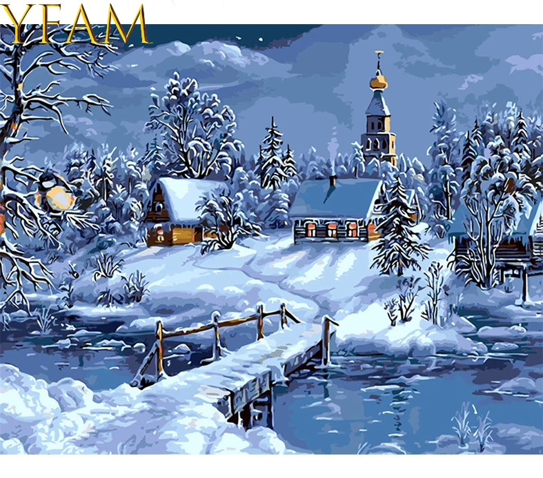 

DIY Oil Digital Paintings By Numbers Handpainted Coloring Winter Snow Rural Landscape Pictures On Canvas Kits Drawing Home Decor