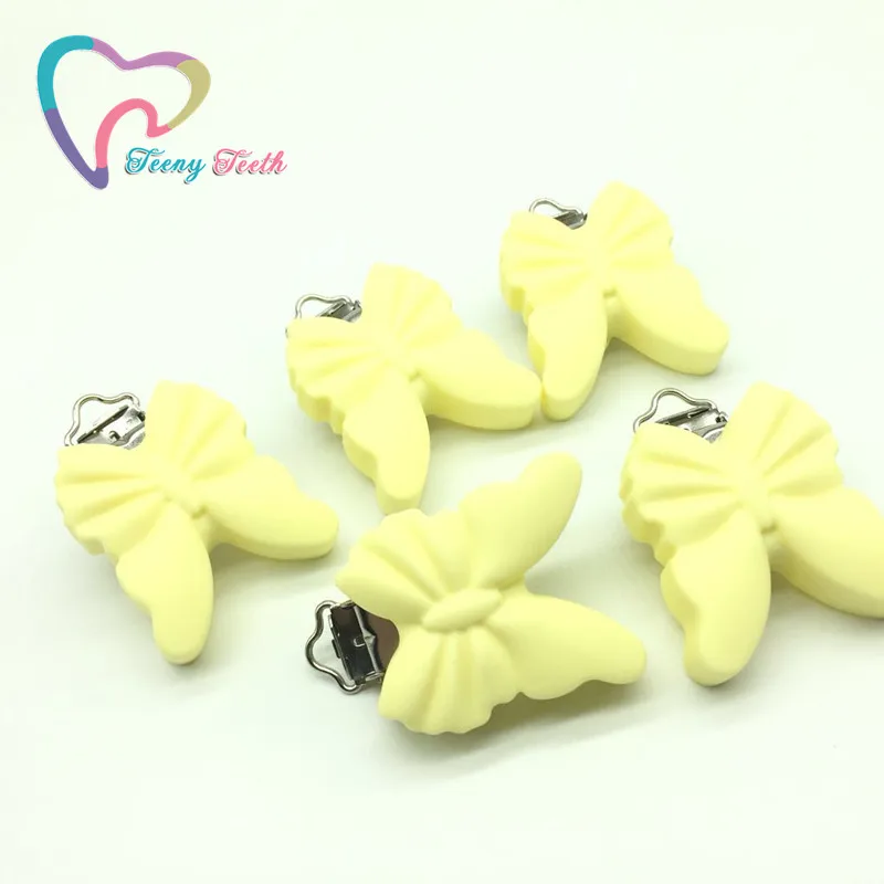 

Teeny Teeth 1 PC Cream Yellow Butterfly Pacifier Clip Holder Food Grade Silicone+Metal Pacifier Chain Clips Baby Dummy Clips