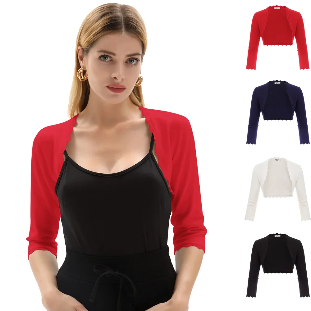 awesome  GK Women's 3/4 Sleeve Open Front coats ladies elegant tops solid color Copped Shrug Scalloped Knitt