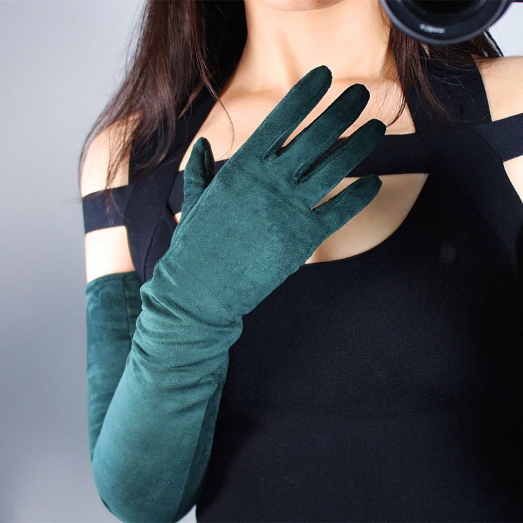 Женская искусственная замша кожа темно-зеленая длинная перчатка s женское сексуальное Клубное вечернее платье Модная длинная перчатка 70 см R1304