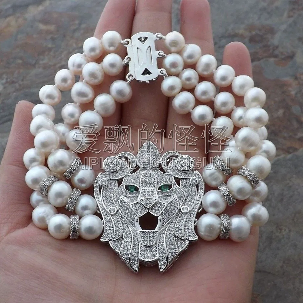 

B121010 8" 3Strands White Pearl Bracelet Cz Pave Connector