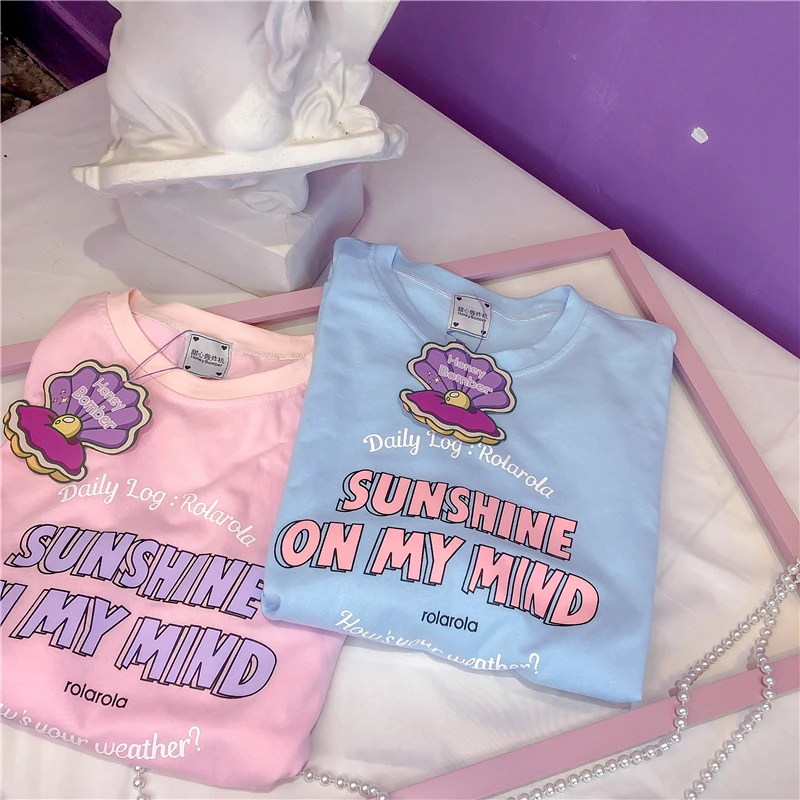 Purple Pink Blue Children's Funny Cotton Short Sleeve T-shirt Female Pure Color Student Cec Ancient Sensitive Girl ins Top TX4