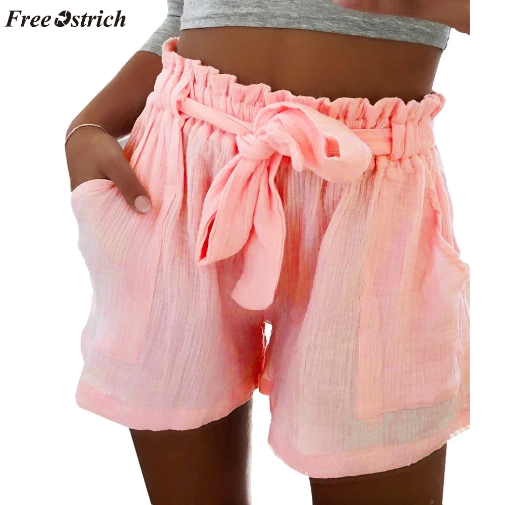 

FREE OSTRICH Women's fashion solid color high waist bandage simple stretch leisure travel shopping walking daily wild shorts