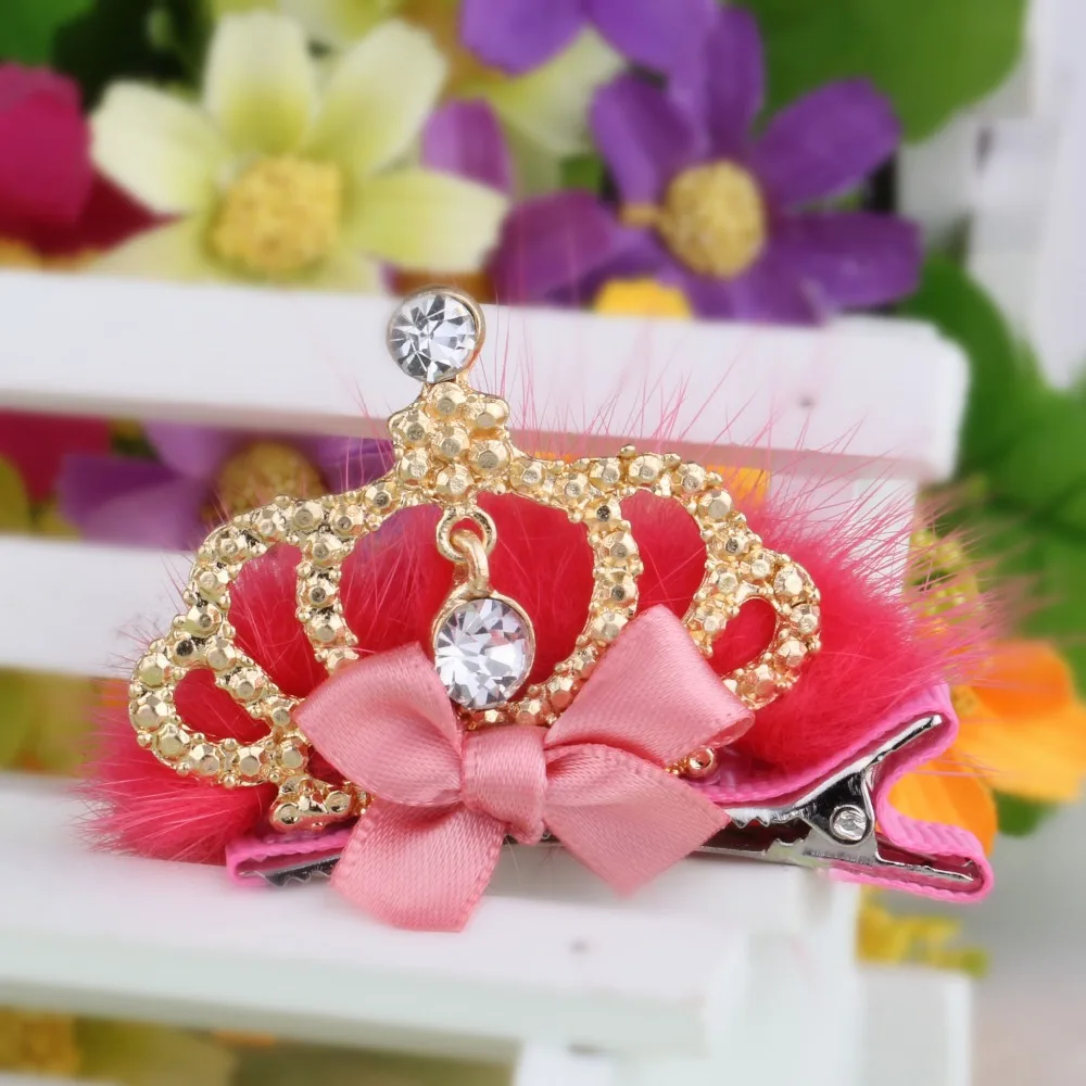 C 1PC New Baby Crown Tiara Hairpins Bow With Fur Girls Hair Clip
