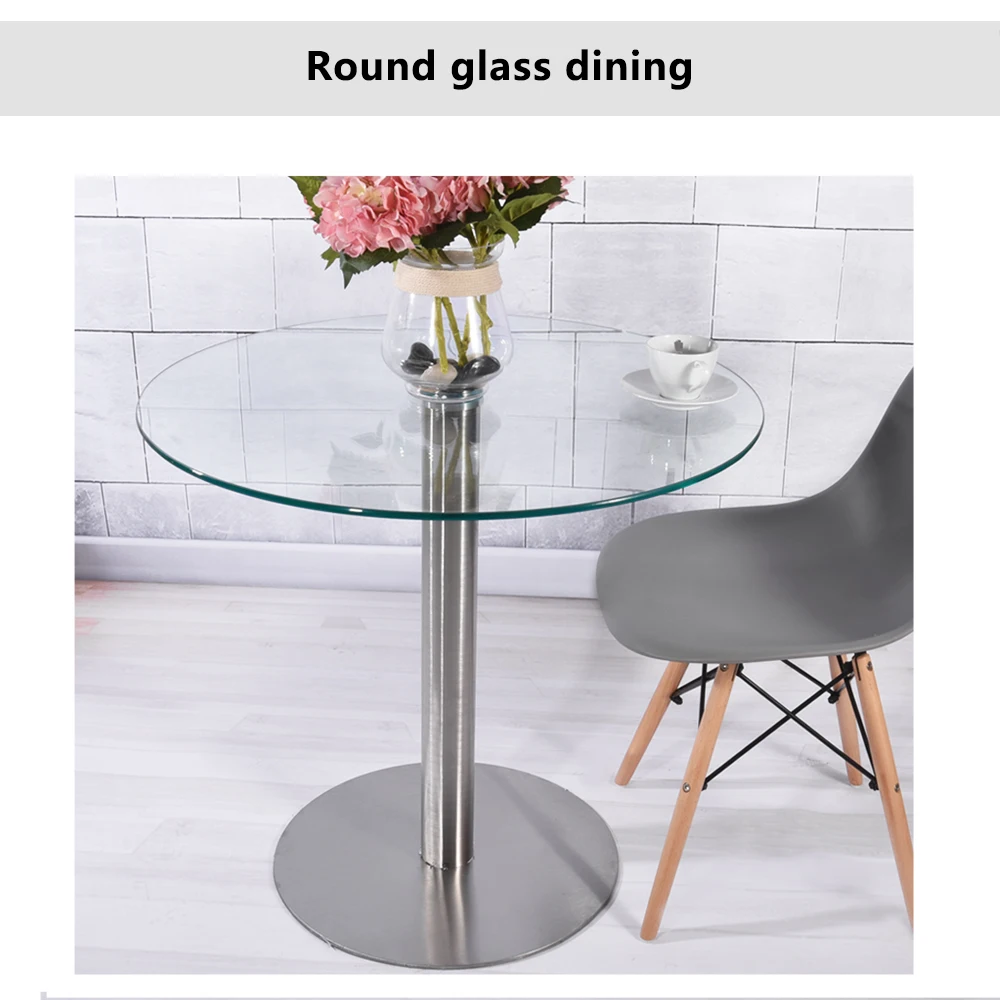 Round Dining Table Modern 10mm Clear Tempered Glass Vitreous Stainless Steel Base Living Room Furniture dropshipping