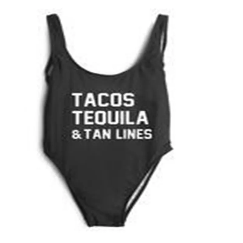 Image TACOS TEQUILA   TAN LINES Funny Letter Swimsuit Sexy Thong One Piece Swimwear Low Back High Cut Monokini Bathing Suit Bodysuit