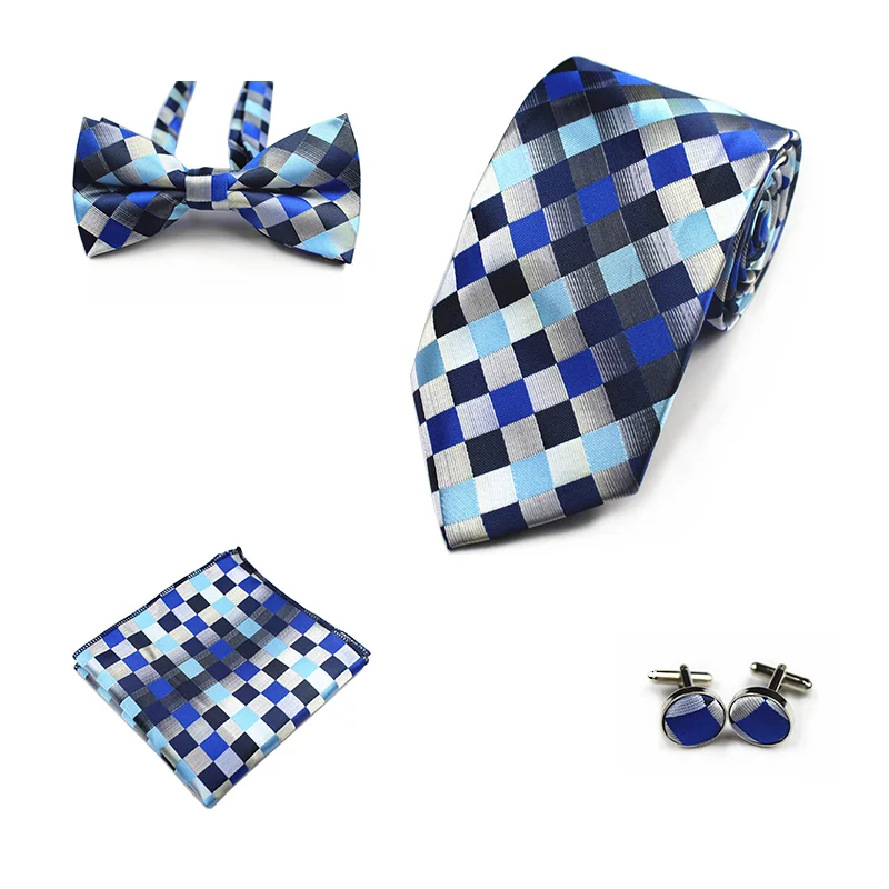  4pcs Vogue Men Blue Dot Tie Handkerchief Bow Tie Cufflinks Sets 100% Silk 8 Cm Classic Men Neck Tie