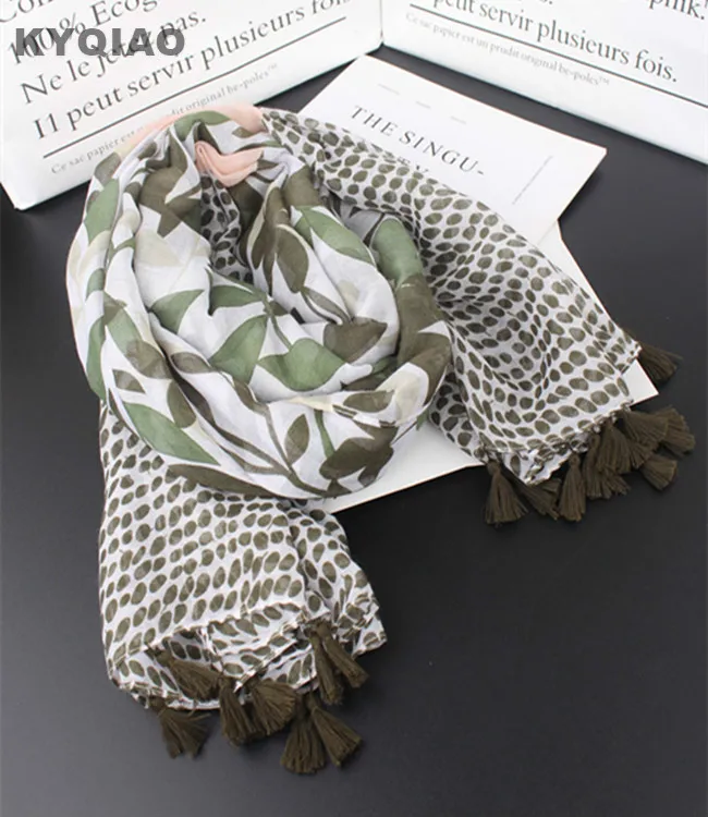 

KYQIAO Women head scarf 2019 mori girls spring autumn Japanese style fresh design long green leaves print scarves muffler wraps