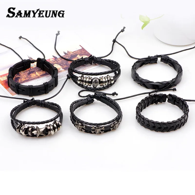 6Pcs/Lot Punk Skull Leather Bracelets for Men Jewelry Tritium Bracelet Braclet Male Braslet Women Anime One Piece Biker Jewelry