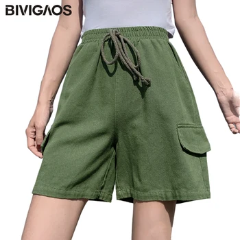 

BIVIGAOS Summer Fashion Hemp Rope Drawstring Pocket Cargo Shorts Korean Loose High Waist Casual Short Wide Leg Shorts For Women