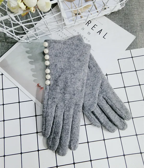 Брендовые зимние женские перчатки, кашемировые перчатки, женские теплые шерстяные перчатки с жемчугом, женские перчатки для вождения - Цвет: gray