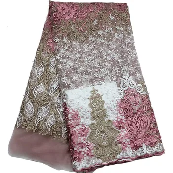 

Pink and golden and white color design with beautiful beads French net Fabric ZF68 Free shipping big sales Tulle Lace Fabric