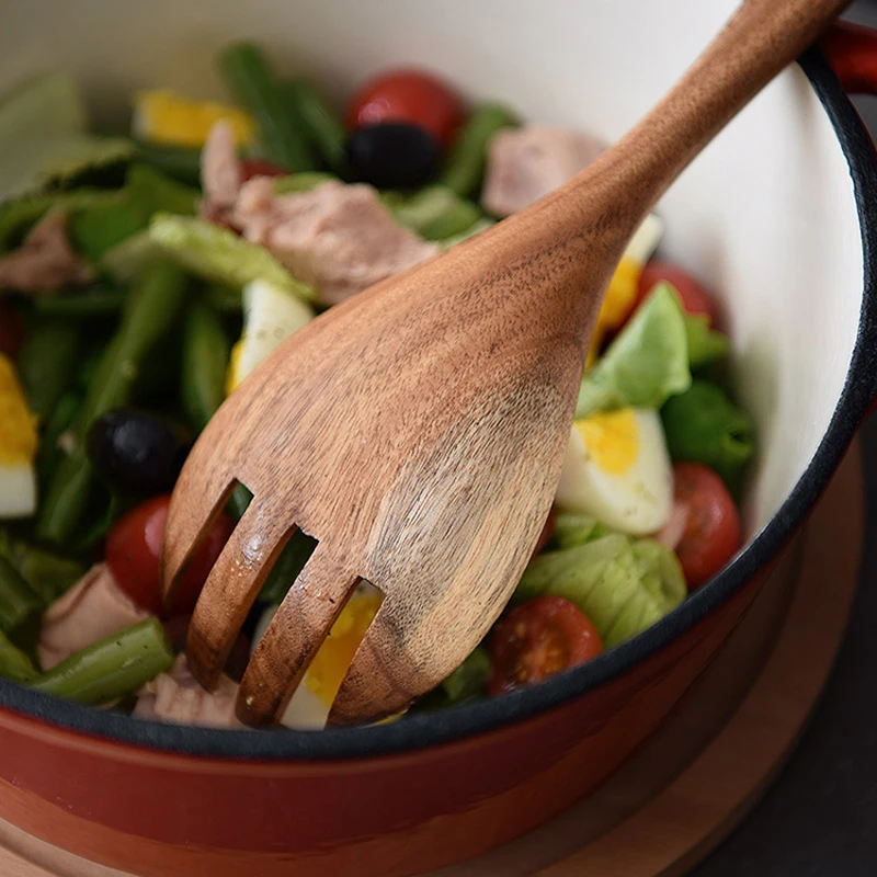 Set of 2 Wooden Forks Spoons Serving Premium Acacia Wood Salad Fork & Spoon Set Wood Cutlery Utensil Tableware (2)