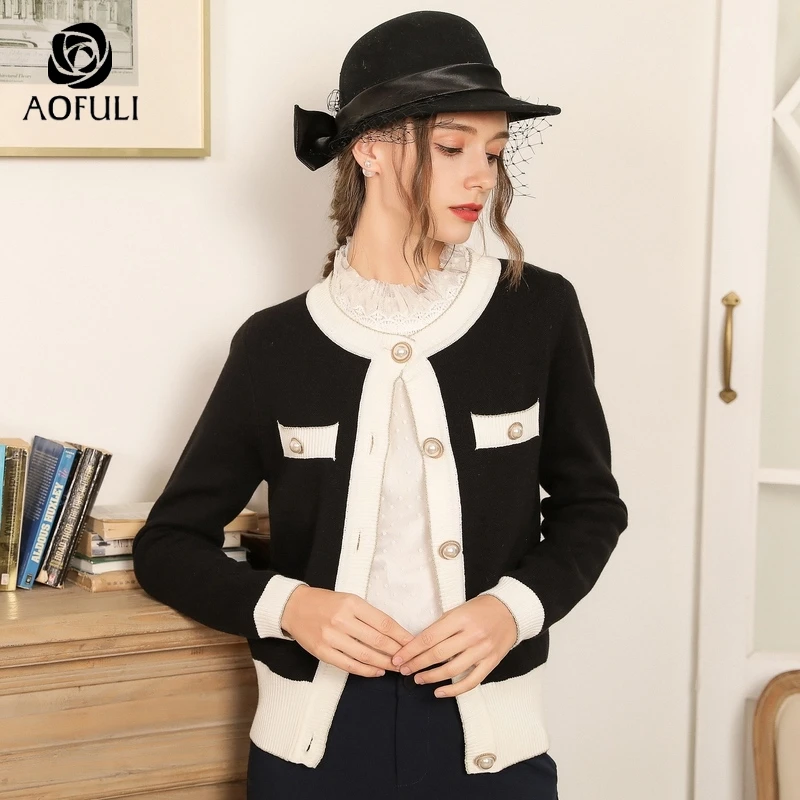 AOFULI L ~ 3xl 4xl 5xl брендовая черная трикотажная куртка женские хлопковые короткие