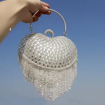 

TekiEssica Designer Heart Shaped Silver Beading Diamonds Sparkling Mini Minaudiere Women Shoulder Bag Mini Crossbody Party Bag