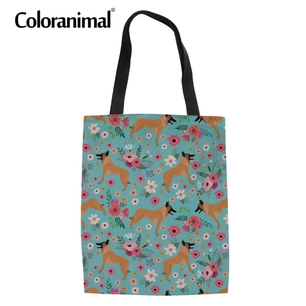 Coloranimal Бельгийская футболка цветок с принтом собаки Для женщин складной тканевая сумка-тоут женская Mochila Лен Bookbag Бакалея Сумка-тоут