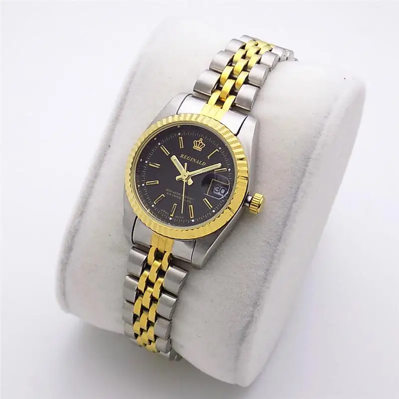 Модные роскошные часы от бренда Реджинальд, кварцевые мужские золотые часы, подарочные часы высокого класса, классические часы с календарем - Цвет: Black For Woman