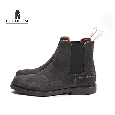 

New Winter Chelsea Genuine Leather Men Boots Platform Flat men's Boot Shoes Deep Grey Apricot Slip On Ankle Boots