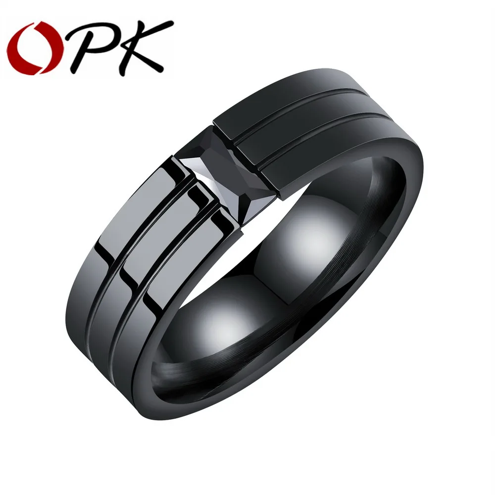 

OPK Full Balck Stainless Steel Rings For Men With Zirconia & Groove Design 6mm Width Male Boy Band Jewelry Gift GJ563