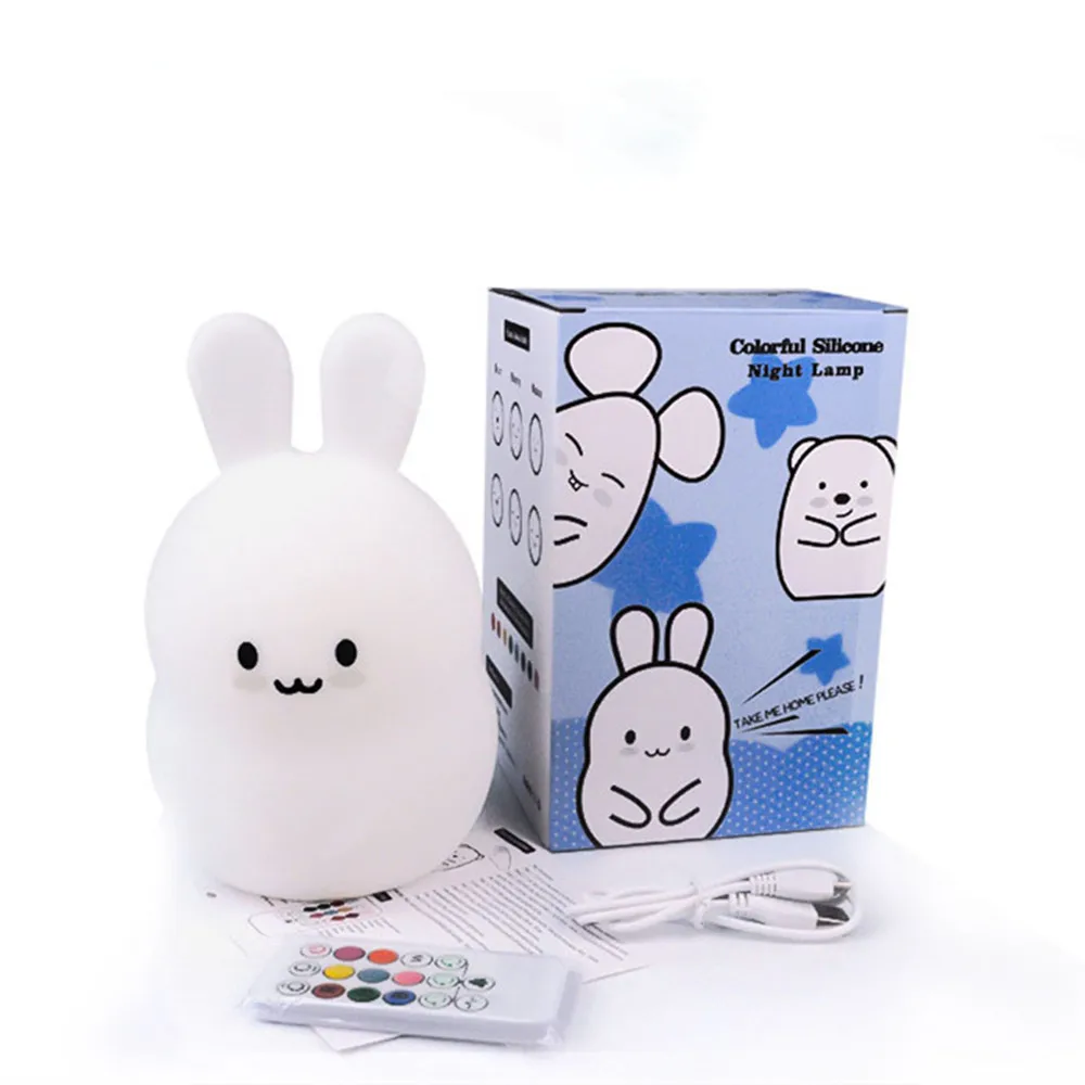 Cute Cartoon Rabbit LED Night Light Rechargeable Touch Sensor Remote Control Colorful Silicone Bedroom Table Lamp for Kids Baby (23)