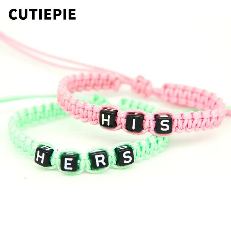 

2pcs/pair Fashionable Couple Bracelets Pink His And Green Hers Rope Chains Lovers Gift Boyfriend Girlfriend Gifts Charm Bracelet
