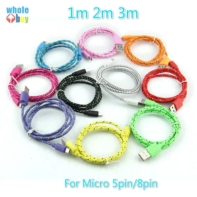 

50pcs/lot 1M 2M 3M Colorful Round Braided Fabric Micro USB 5pin 8pin Cord Data & Sync Charger Cable for IPhone Samsung Huawei