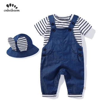 

Children overalls Jeans Baby Boys Girls Fashion Cotton Short sleeve T-shirt Pockets Trousers and hat infant newborn clothes set