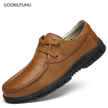 

2019 new spring breathable men's shoes leather genuine platform lace-up shoes casual driving & work fashion men shoe big size 47