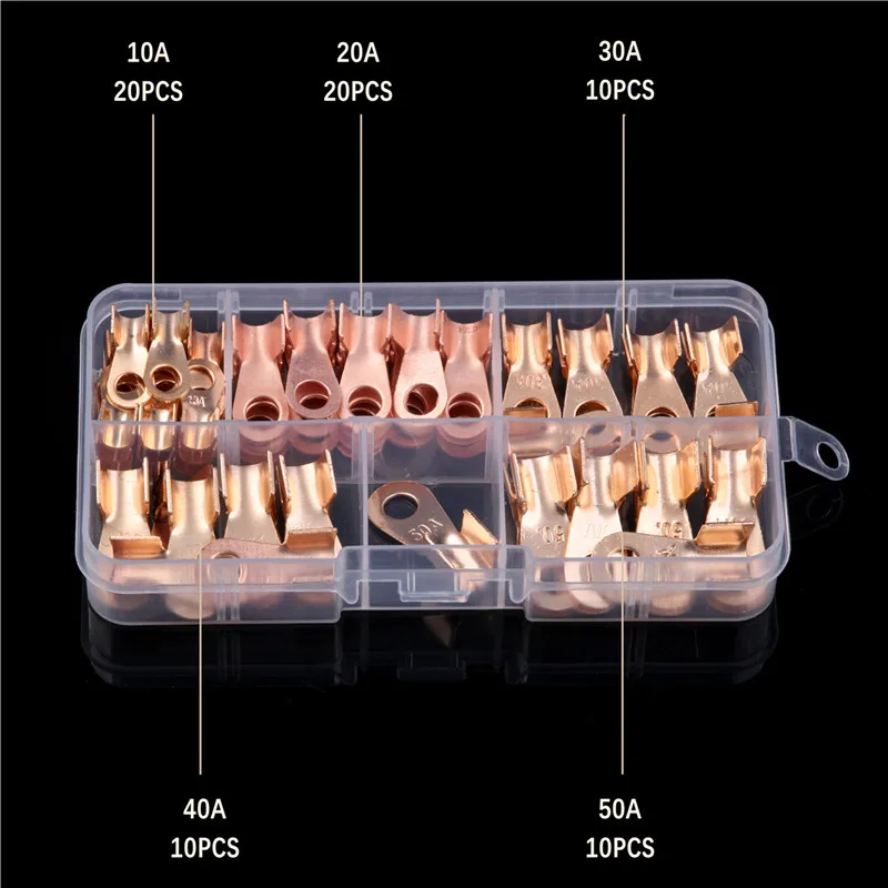 70 шт. медь круговой сращивания терминал батарея кабель провода голый разъем OT Открытое кольцо медные наконечники 10/20/30/40/50A Ассортимент Комплект
