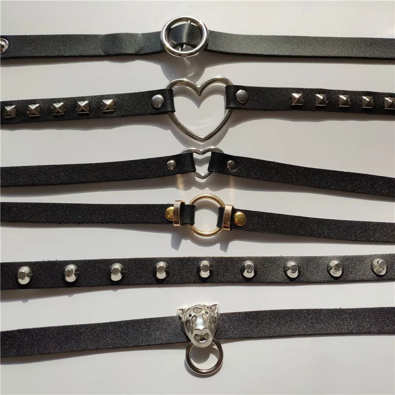 

2018 Hot Punk Harajuku Collar Necklace Heart Bracelet PU Leather Leopard head Choker Punk Goth 100% Handmade Rivets Neck Jewelry