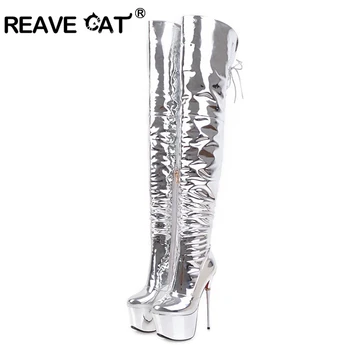 

REAVE CAT Platform Thigh high Pu leather Boots Women Spring Autumn Boots High Heels Shoes Pointed Toe Over the knee Boots A919